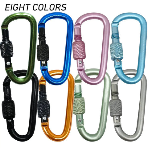 Eight Pack D Shape Carabiner Clips With Screw Gate Two Point Two Inch Aluminum Alloy Key Chain Buckle Mini Keyring Hook in various colors