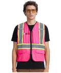 Heavy Duty High Visibility Reflective Safety Vest Featuring Wide Hi Viz Strips For Construction Jobsites Traffic Management And Outdoor Yard Work Unisex Polyester Blend Ensures Maximum Airflow Lets You Crush Your Shift in pink with pockets and gray straps.