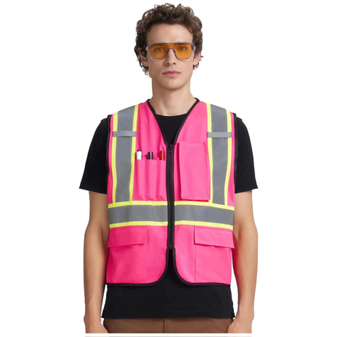 Heavy Duty High Visibility Reflective Safety Vest Featuring Wide Hi Viz Strips For Construction Jobsites Traffic Management And Outdoor Yard Work Unisex Polyester Blend Ensures Maximum Airflow Lets You Crush Your Shift in pink with pockets and gray straps.