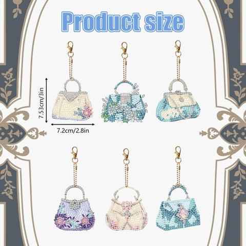 Image of Six Piece Double Sided Diamond Painting Keychain Kit Set For Beginners And Adults, DIY Diamond Art Ornament Keychains showing six decorative keychains.
