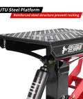 Side view of Beefy Dirt Bike Stand And Motorcycle Lift Jack With 1000 Lb Capacity For Dirt Bikes ATVs 12 To Thirteen Point Eight Inch Height Heavy Duty Steel Hydraulic Lift For Quick Maintenance And Easy Repairs showing RUTU steel platform.