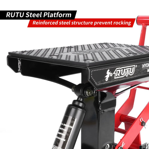 Side view of Beefy Dirt Bike Stand And Motorcycle Lift Jack With 1000 Lb Capacity For Dirt Bikes ATVs 12 To Thirteen Point Eight Inch Height Heavy Duty Steel Hydraulic Lift For Quick Maintenance And Easy Repairs showing RUTU steel platform.
