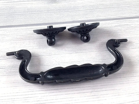 Vintage Black Bail Drawer Pull Four And A Quarter Inch Centers Drop Swing Dresser Cabinet Hardware Old School Retro Look Zinc Alloy Knob