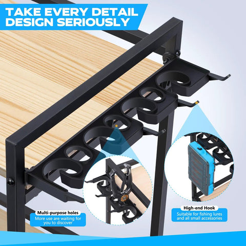 Close-up of Three Tier Fishing Rod Holder Rack for Garage Up to Eight Rods and Gear Organizer showing hooks and details.