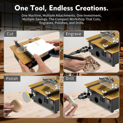 Ultra Compact Mini Table Saw For Crafters And DIYers with cutting, engraving, polishing, and drilling functions.