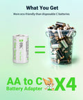 C Size Battery Adapters AA To C Converter Spacer Case 4 Pack For Rechargeable AA Cells next to a bucket of used batteries.