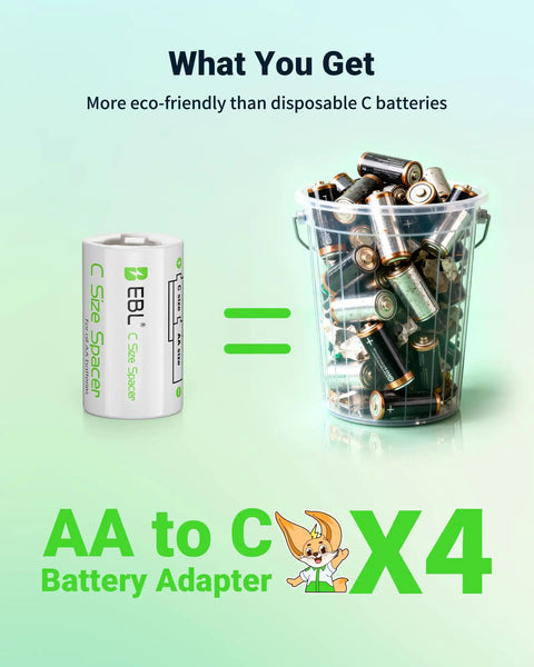 C Size Battery Adapters AA To C Converter Spacer Case 4 Pack For Rechargeable AA Cells next to a bucket of used batteries.