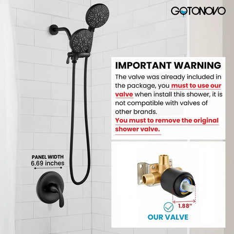 Two In One Shower Valve With Trim Kit Matte Black Shower Head And Handle Set For Bathroom with brass valve and warning text