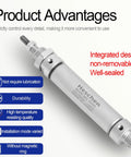 Slim Pneumatic Air Cylinder MAL 16 50 with 16mm bore and 50mm stroke double acting M5 port, silver finish, product advantages displayed