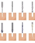 Carbide CNC Router Bits Set With Quarter Inch Shank For Woodworking Detail Carving And Trimming V Groove Engraving Slotting Mortise Eight Piece Pack Includes Ball Nose Tapered Up Cut Down Cut Spiral O Flute Bits For DIY Woodworking Projects displayed on wood samples.