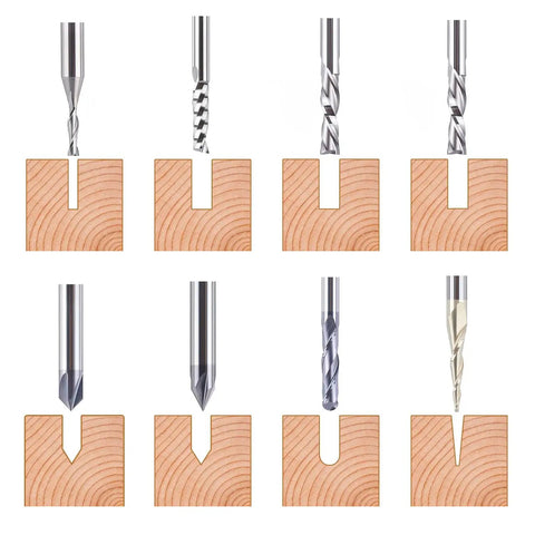 Carbide CNC Router Bits Set With Quarter Inch Shank For Woodworking Detail Carving And Trimming V Groove Engraving Slotting Mortise Eight Piece Pack Includes Ball Nose Tapered Up Cut Down Cut Spiral O Flute Bits For DIY Woodworking Projects displayed on wood samples.