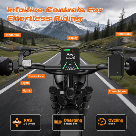 Handlebars of All Terrain Fat Tire Electric Bike For Adults With 36 MPH Top Speed, intuitive controls, mountain road view