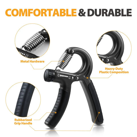 Grip Strength Trainer Kit With Adjustable Hand Gripper 22 To 132 Lbs, Carbon Black with metal hardware and rubberized grip