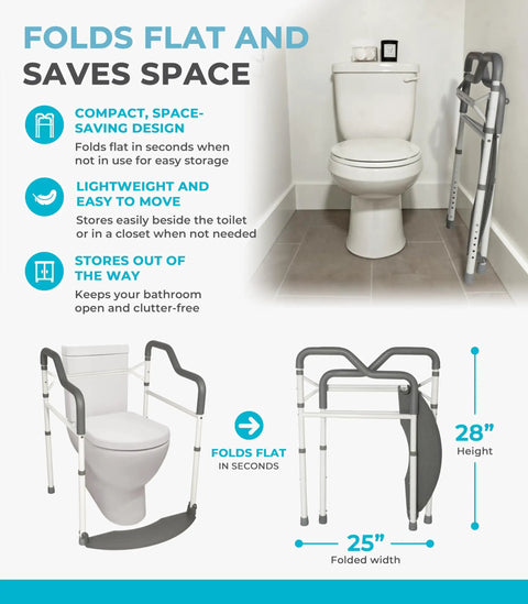 Sturdy Toilet Safety Rails For Seniors Offering Beefy Support With Plush Arm Grips And Solid Footrest Makes Daily Standing Easy Up To 300 Lbs Fits Standard Toilets Naturally With Quick Detachable Setup For Zero Hassle Independence, compact design folds flat.