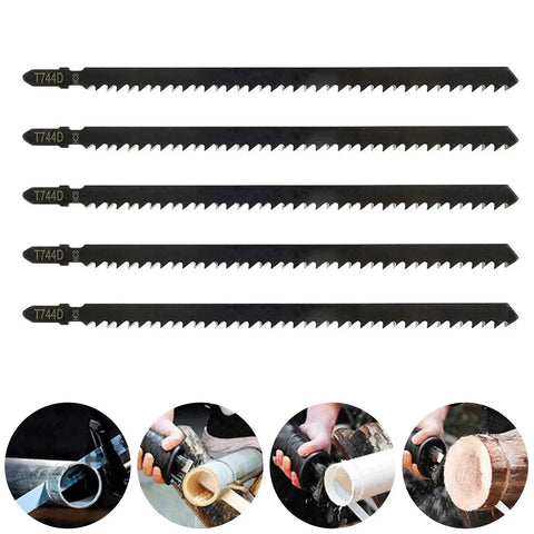 Five Piece T Handle Carbon Steel Jigsaw Blades 180mm Replacement Saw Set For Hardwood Plywood And Curve Cutting Gear That Crushes Thick Lumber With Total Gutsy Ease And Straight Up Reliability, showcasing serrated edges.