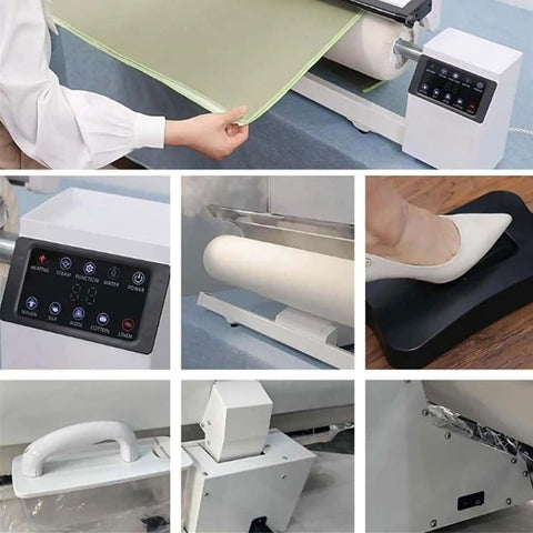 Commercial Grade Rotary Steam Iron With Massive 36 Inch Roller And Continuous Steam Generator showing control panel, foot pedal, and steam function.