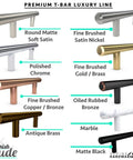 Premium T-Bar Luxury Line cabinet handles in various finishes, including round matte satin, polished chrome, and antique brass.