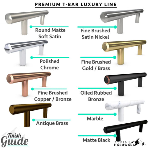 Rock Solid Stainless Steel Euro Bar Cabinet Handles Plus Drawer Pulls in various finishes for modern kitchen makeovers.