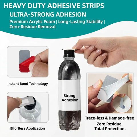 Heavy-duty adhesive strips demonstrating ultra-strong adhesion on a water bottle, with close-up of application and removal.