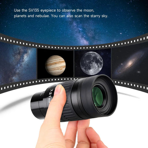 Hand holding 7-21mm Zoom Eyepiece For 1.25 Inch Telescopes With High Contrast Imaging, planets and deep sky on screen