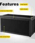 320 Gallon Outdoor Deck Box Waterproof Storage Chest With Lid For Patio And Garden Heavy Duty Resin Weatherproof Storage Box For Cushions Tools And Pool Accessories side view showing features