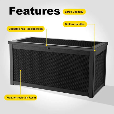 320 Gallon Outdoor Deck Box Waterproof Storage Chest With Lid For Patio And Garden Heavy Duty Resin Weatherproof Storage Box For Cushions Tools And Pool Accessories side view showing features