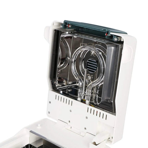 Top Shelf Halogen Moisture Analyzer For Food And Industrial Labs Featuring Snappy 110 Gram Capacity No Sweat 0.01 Percent Accuracy Includes Durable Sample Trays And Easy RS232 Data Link close-up of halogen heating element and interior design.