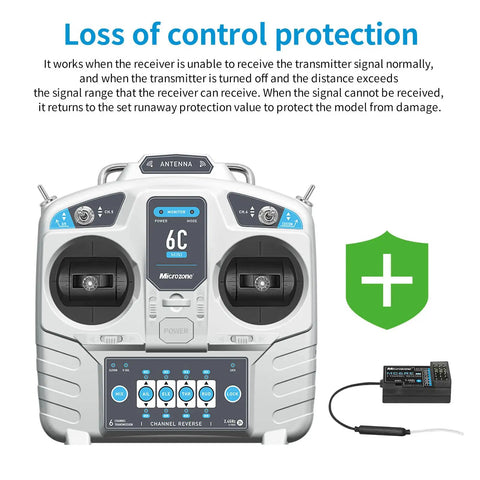 Microzone MC6C 2.4GHz 6CH Remote Controller For RC Airplane Drone Multirotor Car Boat Mode 1 Transmitter With MC6RE Receiver, front view with safety features