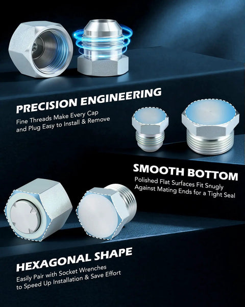 Heavy Duty Hydraulic Hose Cap And Plug Kit 144 Piece JIC And ORFS Fittings Set showing precision engineering and hexagonal shape.