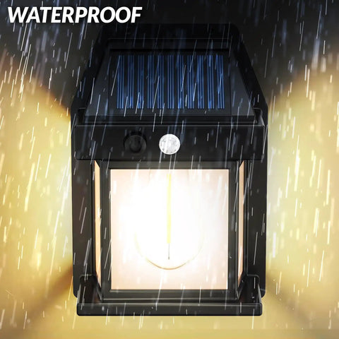 Heavy Duty Solar Wall Lights Outdoor Two Pack Weatherproof Security Sconces in rain with solar panel and glowing light.