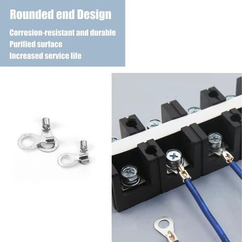 Uninsulated Ring Terminals Brass Ring Connectors for Crimp On Wiring, Tin Plated Wire Terminals, AWG 22 to 10, installed on panel.