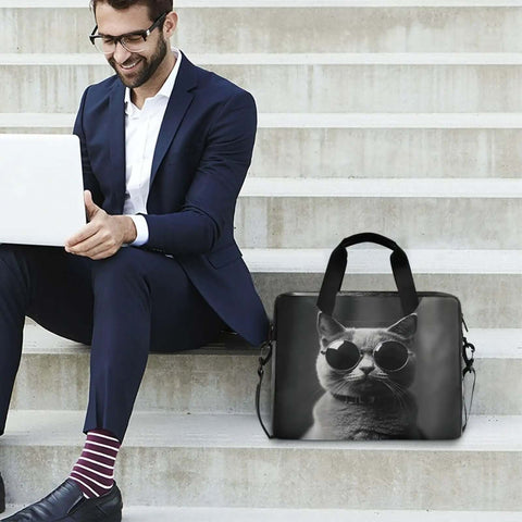 Gray Cat With Sunglasses Laptop Bag For 14 To 16 Inch Notebooks, water resistant briefcase beside a man with a laptop on steps
