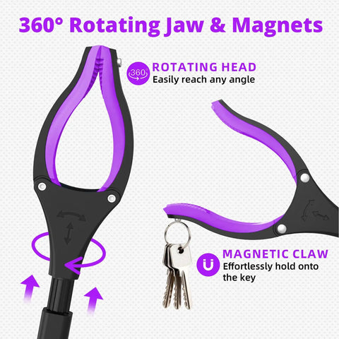 Two Pack 32 Inch Foldable Reacher Grabber Tool With 360 Degree Rotating Jaw And Magnetic Tip For Easy Pickup Lightweight Grabbers For Seniors And Elderly Purple