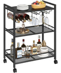 Sleek Black Three Tier Bar Cart With Smooth Rolling Lockable Wheels And Top Shelf Storage showcasing wine bottles and glasses.