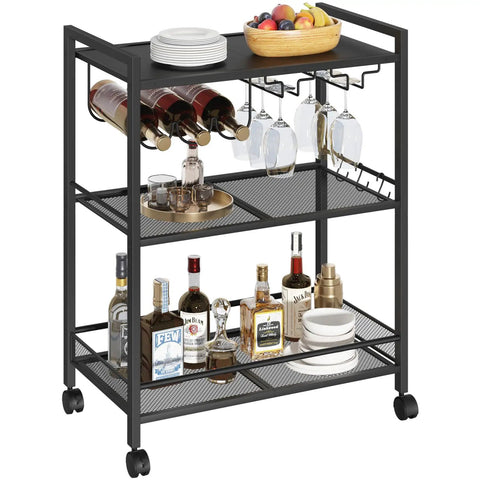 Sleek Black Three Tier Bar Cart With Smooth Rolling Lockable Wheels And Top Shelf Storage showcasing wine bottles and glasses.
