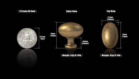 1.2 Inch Oval Antique Brass Cabinet Knobs Pack Of 6 Zinc Alloy For Drawer Dresser Cupboard Wardrobe Vintage Style With Rust Resistant Electroplated Finish And Comfortable Grip, shown with dimensions next to a US coin