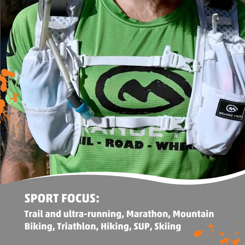 Man wearing Run Ready Hydration Vest Four Point Zero Lightweight Pack For Running Cycling And Triathlon Carries One Liter Thirty Five Oz Hydration Front Pocket Fits Large Phones Soft Flasks Trekking Poles Breathable Secure Low Profile Fit