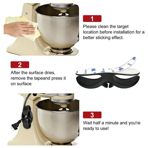 Instructional image showing installation of Cord Organizer For Kitchen Appliances 15 Pack With 3M Adhesive Cable Wraps