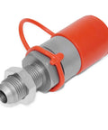 Angled view of Summit Hydraulics flat-face hydraulic quick-connect coupler with red cap and threaded male end