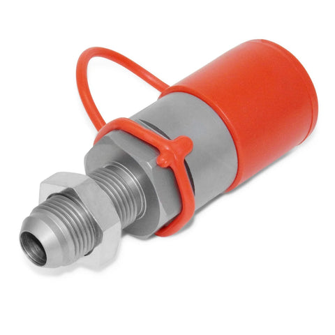 Angled view of Summit Hydraulics flat-face hydraulic quick-connect coupler with red cap and threaded male end