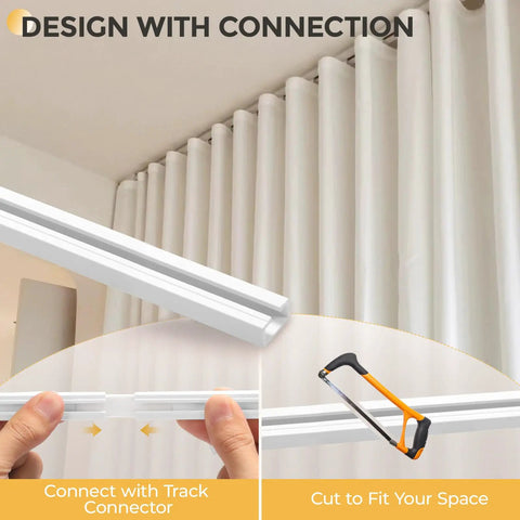 No Drill Self Adhesive Curtain Track For Ceiling Or Wall Mount 5.4 Feet Long Unbendable And Cuttable Supports Up To 18 Pounds Lightweight Durable Plastic Ideal For RV Windows Living Room Bedroom Curtains, white track with connector and saw