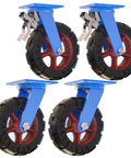 Heavy Duty Industrial Castor Wheels 12 Inch Solid Rubber Puncture Proof 4 Pack Swivel Caster Set showing blue metal frame and red wheels.
