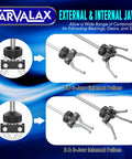Nine Way Slide Hammer Puller Set For Dents And Dings, Front Wheel Hub Bearing And Rear Axle Removal, diagram showing external and internal jaws.