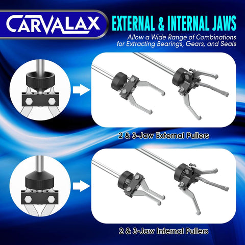 Nine Way Slide Hammer Puller Set For Dents And Dings, Front Wheel Hub Bearing And Rear Axle Removal, diagram showing external and internal jaws.