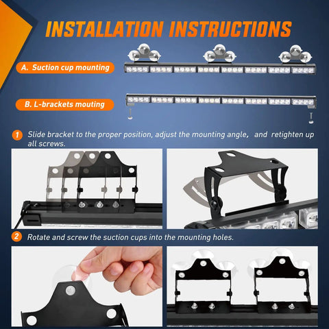 35 Inch LED Traffic Advisor Emergency Strobe Light Bar With Amber And White, High Visibility Warning Bar For Cops, First Responders, Roadside Work, Construction Crews And Road Safety - installation instructions with suction cup and L-bracket mounting