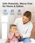 Mother and child with a bottle, emphasizing food-grade, BPA-free, lead-free materials.