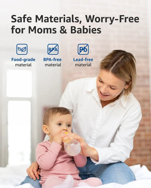 Mother and child with a bottle, emphasizing food-grade, BPA-free, lead-free materials.