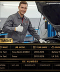 Technician in a workshop showing fitment details for Rock Solid Radiator Cooling Fan Assembly With Brushless Motor Is A Dead Simple Drop In Replacement For 2012 2015 2012 2018 Ford Focus Battery EV BEV L4 20 Liter Replaces 621606 BV6Z8C607K Beat The Heat Fast.