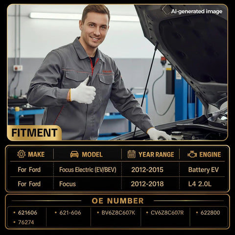 Technician in a workshop showing fitment details for Rock Solid Radiator Cooling Fan Assembly With Brushless Motor Is A Dead Simple Drop In Replacement For 2012 2015 2012 2018 Ford Focus Battery EV BEV L4 20 Liter Replaces 621606 BV6Z8C607K Beat The Heat Fast.