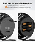 Back view of Clip On 5 Inch Fan With Aroma Function showing USB power port and AA battery compartment.